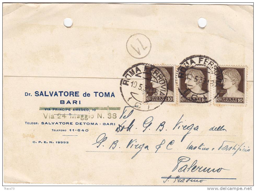 BARI /  PALERMO - Card_ Cartolina Pubblicitaria " Dott. S. TOMA " 1939 - Multipli Cent. 10 X 3 - Publicité