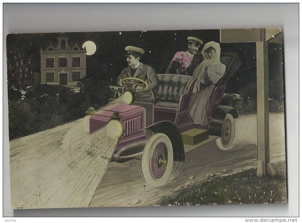 COUPLE  -  - VOITURE -  AUTOMOBILE STYLISÉE - PROMENADE AU CLAIR DE LUNE - 1908 - Couples