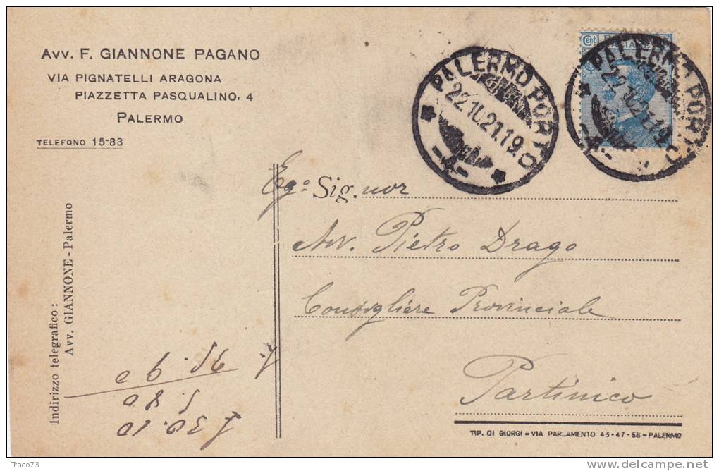 PALERMO /  PARTINICO - Card_ Cartolina Pubblicitaria " Avv. F. Giannone Pagano " 1921 - Cent. 25 Isolato - Publicité