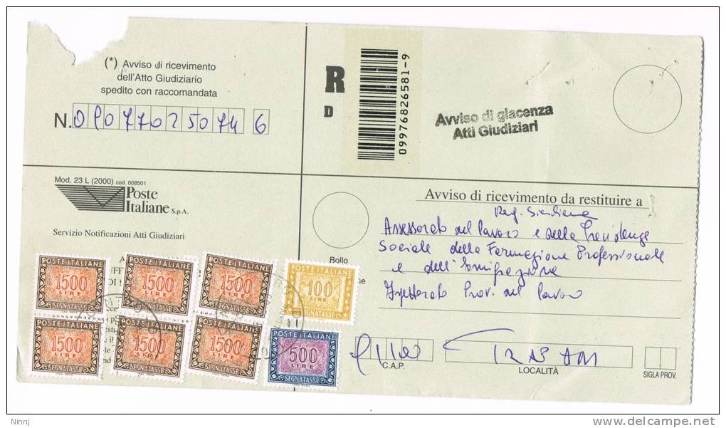 Italia Storia Postale Segnatasse Poste Italiane Avviso Di Ricevimento Racc. -Avviso Di Giacenza Atti Giudiz.-  (33) - Strafport