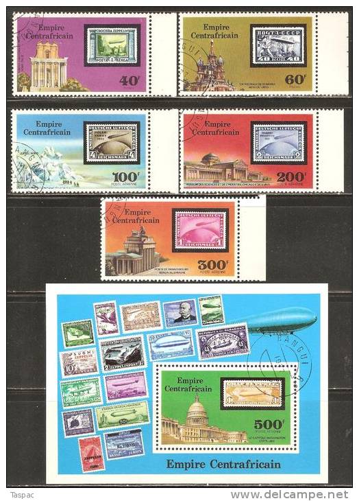 Central African Empire 1977 Mi# 488-492, Block 18 Used - 75th Anniversary Of The Zeppelin - Zeppelines