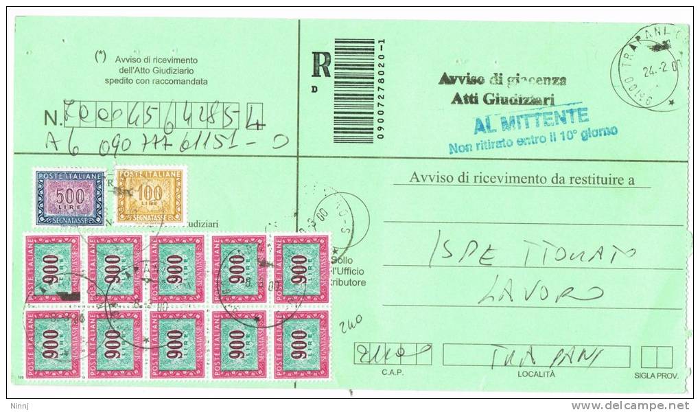 Italia Storia Postale Segnatasse Poste Italiane Avviso Di Ricevimento Racc.Al Mittente-Avviso Di Giacenza Atti Giud-(37) - Postage Due