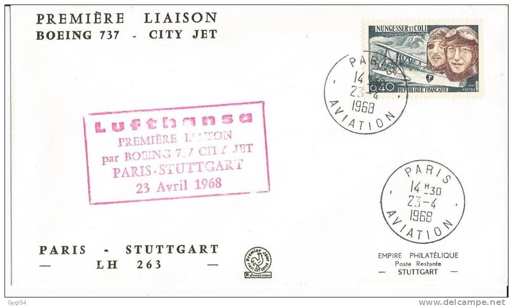 Première Liaison  Par Boeing 737 -city Jet 01/04/1960 Köln - Paris - Stuttgart 23/04/1968 - First Flight Covers