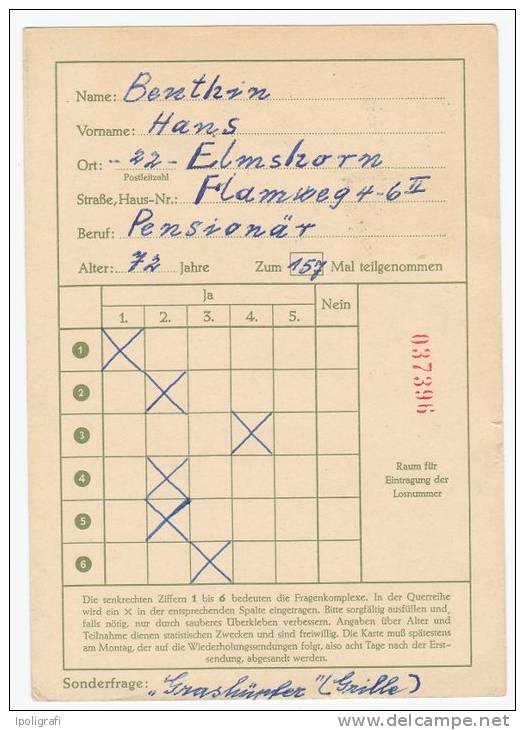 Germany (Bundesr.) - Albrecht Duerer - Funklotteriekarte, First Type Without Fluorescence - Circulated 15-9-63 - Postkaarten - Gebruikt