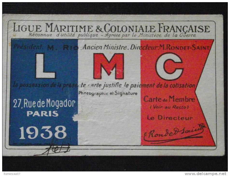 LIGUE MARITIME & COLONIALE FRANCAISE - Carte De Membre Sociétaire - 1938 - Autres & Non Classés