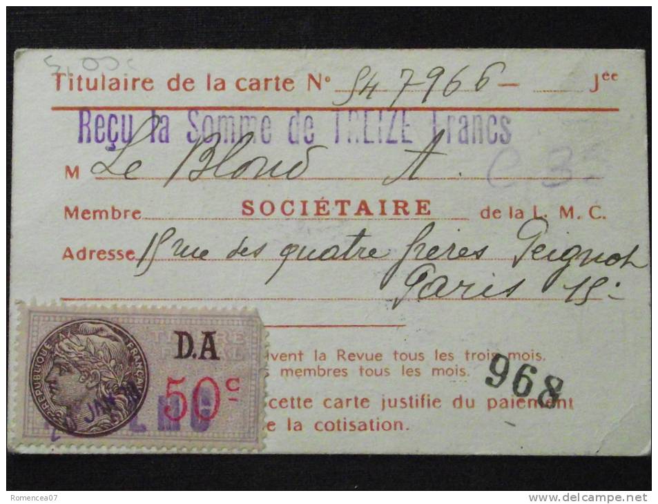 LIGUE MARITIME & COLONIALE FRANCAISE - Carte De Membre Sociétaire - 1938 - Altri & Non Classificati