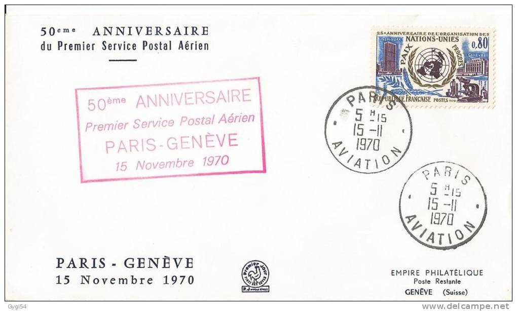 50 Ieme Anniversaire Du 1er Service Postal Aerien Paris - Geneve, 15/11/1970. - First Flight Covers