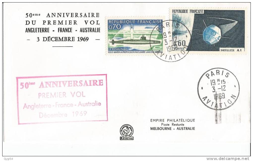 ANGLETERRE FRANCE AUSTRALIE 50° Anniversaire Du Premier Vol 3/12/69 - First Flight Covers