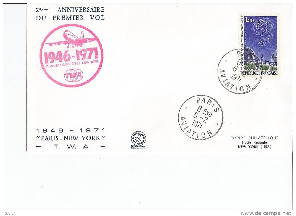 PARIS NEW YORK TWA 25° Anniversaire Du Premier Vol 1946/1971 6/02/71 - Eerste Vluchten