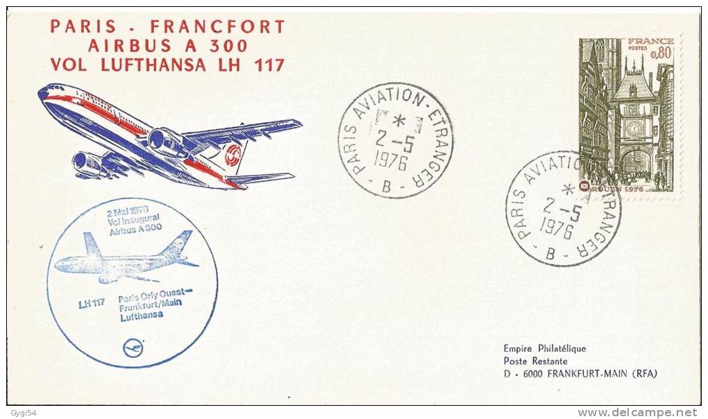 1ER VOL INAUGURAL PARIS FRANCFORT PAR AIRBUS A 300 02/05/1976 - First Flight Covers
