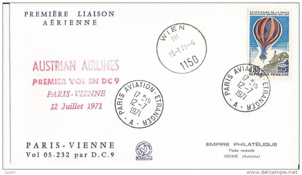 Premier Vol En DC9   Austria Airlines Paris  - Vienne  Du 12/07/1971 - First Flight Covers
