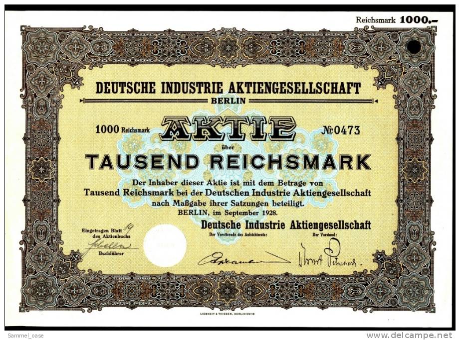 1928 Aktie Hist. Wertpapier , Deutsche Industrie Aktiengesellschaft Berlin  - 1000 Eintausend Reichsmark - D - F