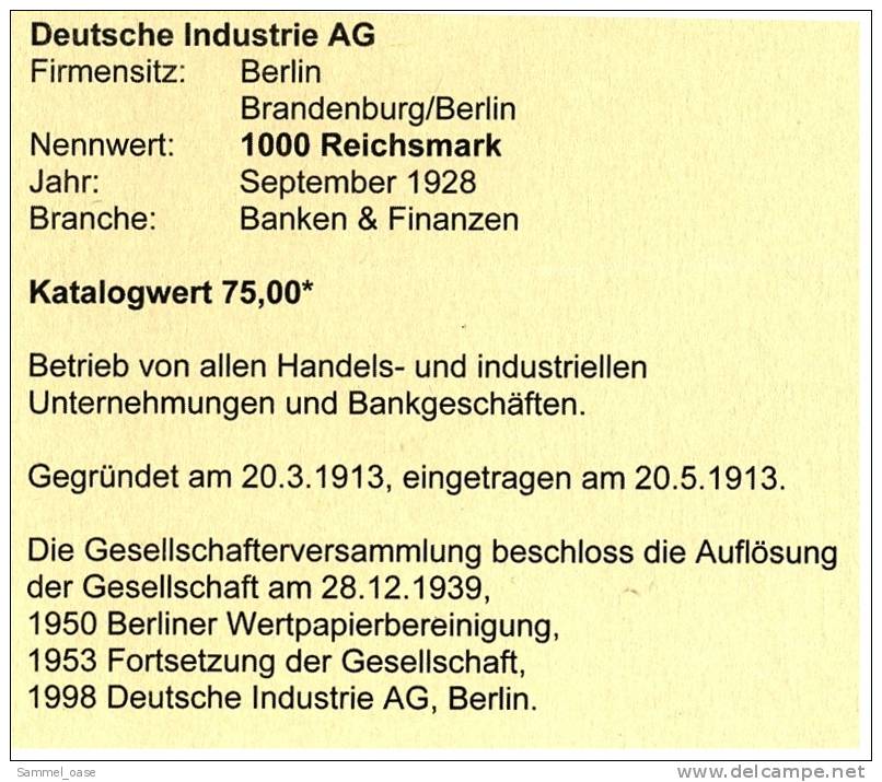 1928 Aktie Hist. Wertpapier , Deutsche Industrie Aktiengesellschaft Berlin  - 1000 Eintausend Reichsmark - D - F