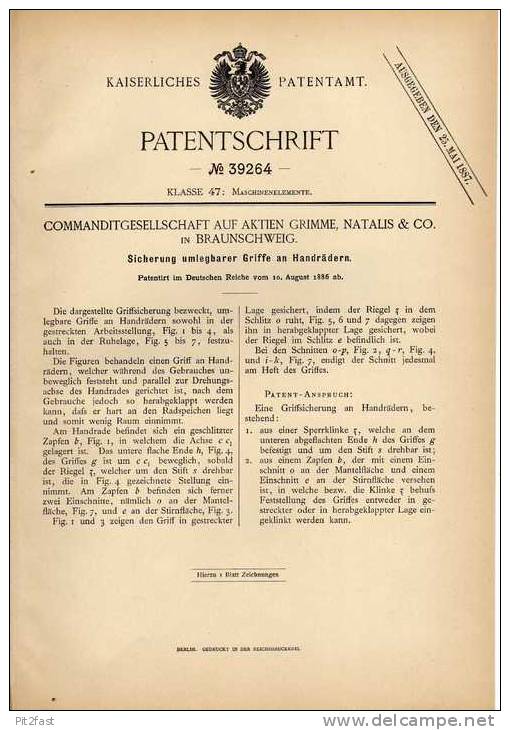 Original Patentschrift - Natalis & Co In Braunschweig , 1886 , Sicherung Für Handräder !!! - Historische Dokumente