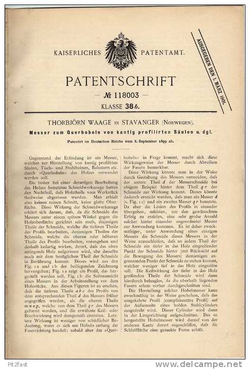 Original Patentschrift - T. Waage In Stavanger , 1899 , Messer Zum Hobeln , Hobel , Norwegen !!! - Máquinas