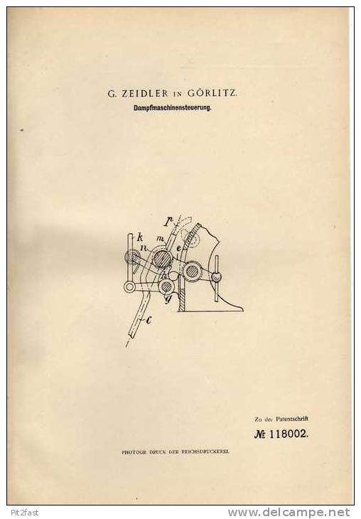 Original Patentschrift - G. Zeidler In Görlitz , Steuerung Für Dampfmaschine , 1900 !!! - Andere Plannen