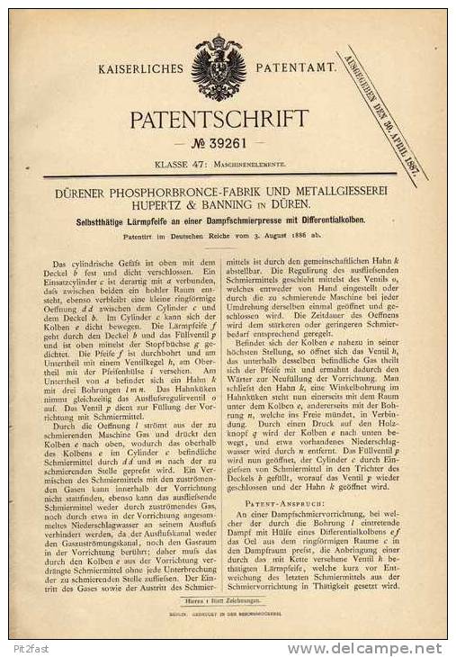Original Patentschrift -  Phosphorfabrik In Düren , 1886 , Lärmpfeife Für Dampfschmierpressen !!! - Macchine