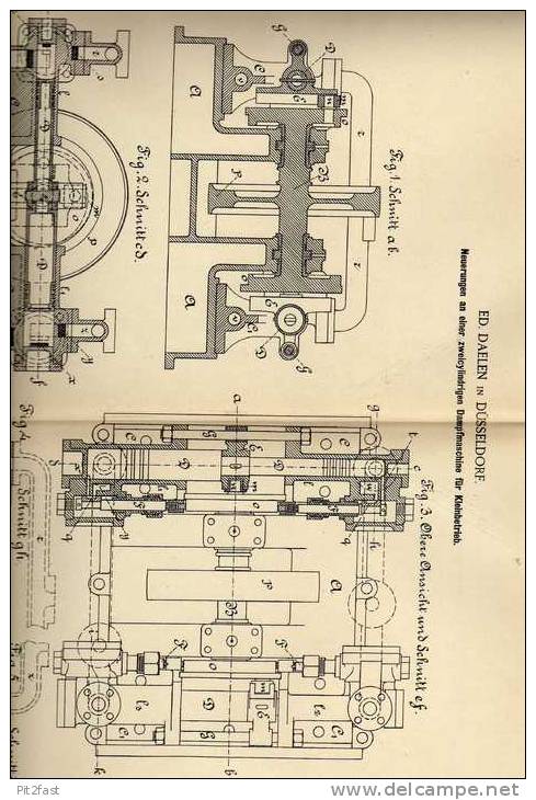 Original Patentschrift - Zweicylindrige Dampfmaschine , 1886 ,E. Daelen In Düsseldorf !!! - Machines