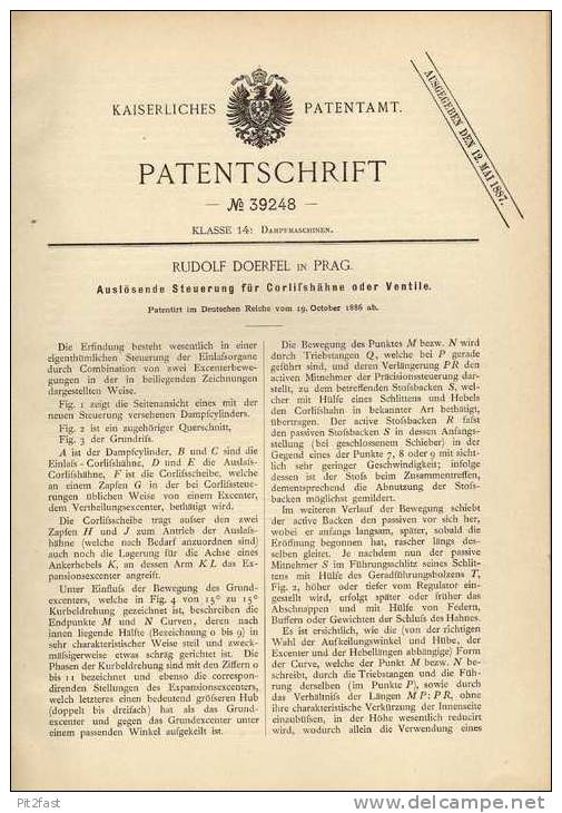 Original Patentschrift - R. Doerfel In Prag , 1886 , Steuerung Für Dampfmaschine !!! - Maschinen