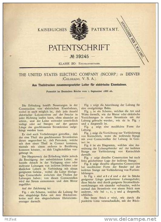 Original Patentschrift - Elektrische Eisenbahn , 1886 , Electric Company In Denver , USA  !!! - Sonstige & Ohne Zuordnung