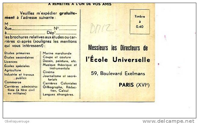 75 PARIS ECOLE UNIVERSELLE INSCRIPTION DES ELEVES EXPEDITION GROSSE ANIMATION VERSO CARTE REPONSE - Enseignement, Ecoles Et Universités