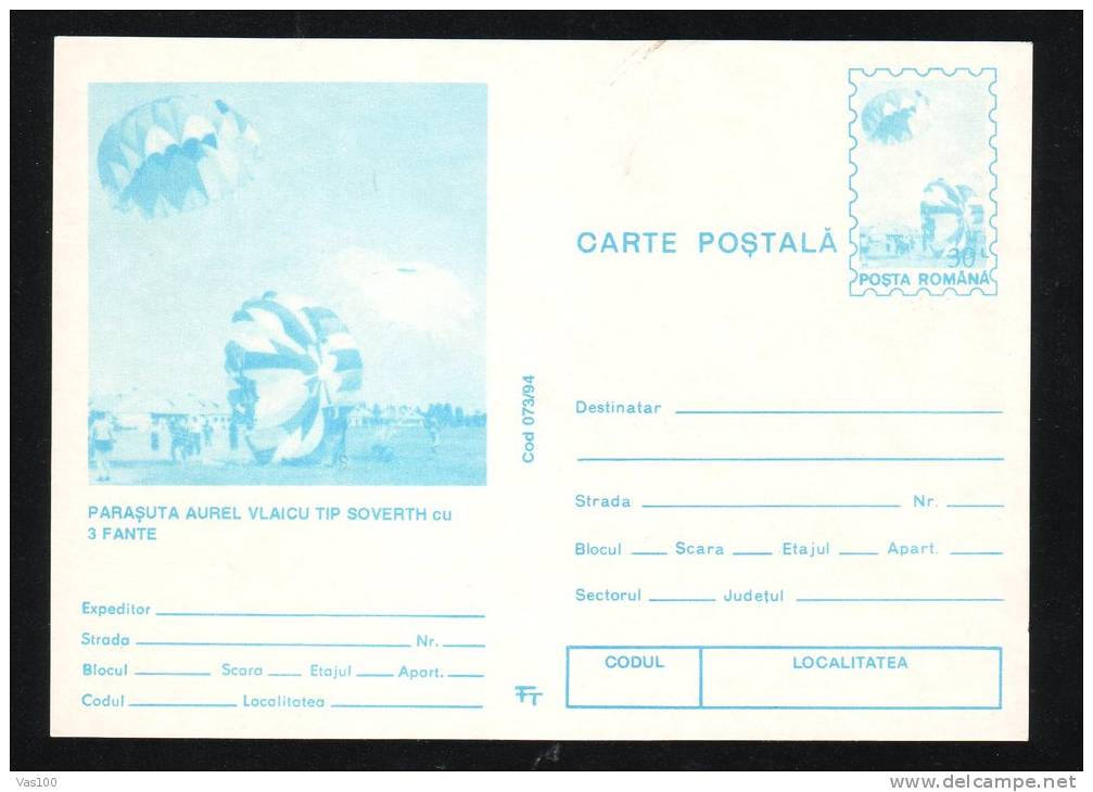 CONSAUREL VLAICU PARACHUTE, 1994, CARD STATIONERY, ENTIER POSTAL, UNUSED, ROMANIA - Parachutisme