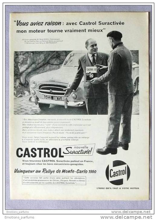 Pub Papier 1960  Automobile Peugeot  403    Huile CASTROL Garagiste Automobiles Voiture - Publicités