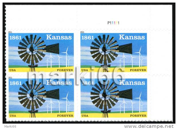 USA - 2011 - Kansas Statehood - Mint Self-adhesive Corner Block - Unused Stamps