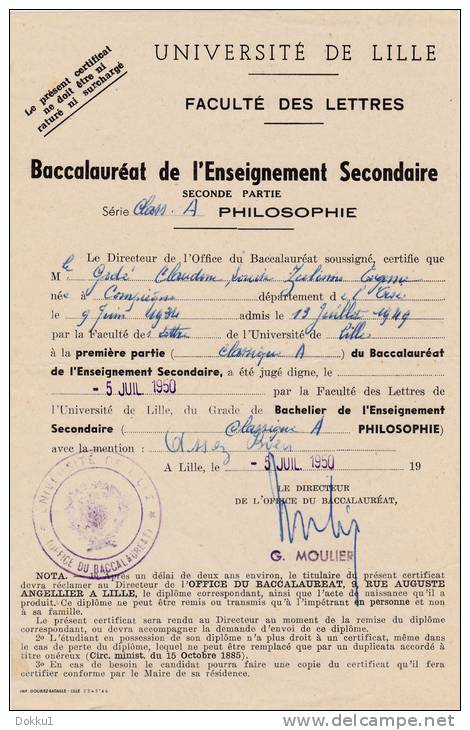 Livret Scolaire - Académie De Lille - Enseignement Secondaire, Section Classique A De 1947 à 1950  + Certificat Bac 1950 - Diplome Und Schulzeugnisse