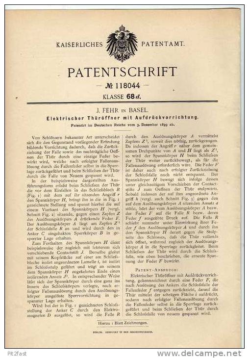 Original Patentschrift - F. Fehr In Basel , Elektr. Thüröffner , 1899 !!! - Architecture