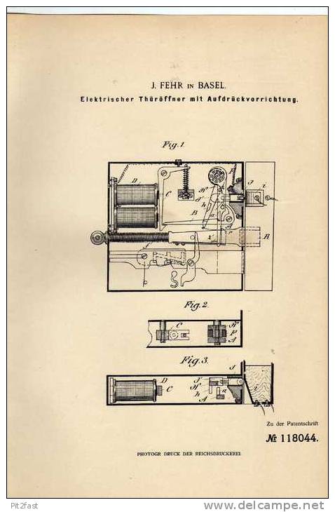 Original Patentschrift - F. Fehr In Basel , Elektr. Thüröffner , 1899 !!! - Architectuur