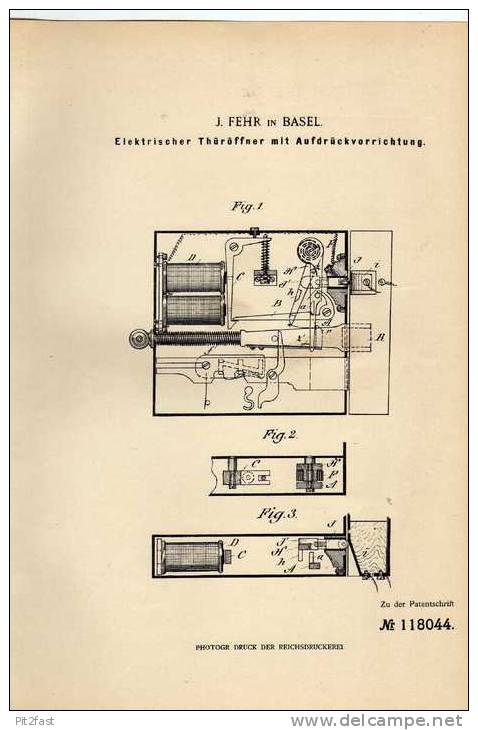 Original Patentschrift - F. Fehr In Basel , Elektr. Thüröffner , 1899 !!! - Architecture