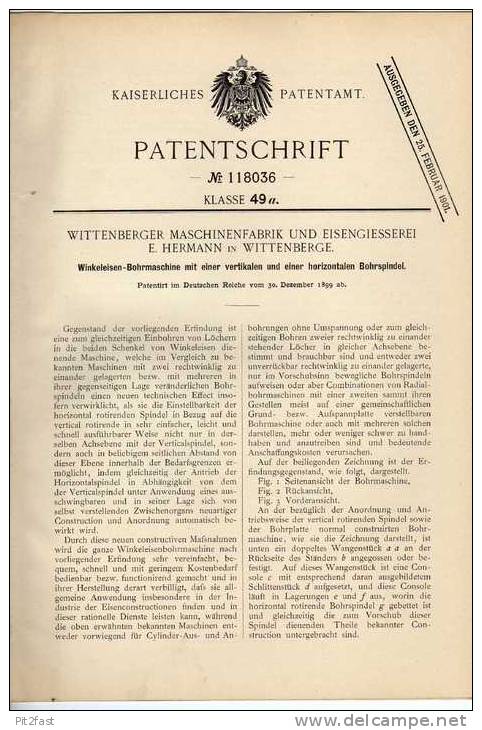 Original Patentschrift - Maschinenfabrik In Wittenberge , 1899 , Bohrmaschine !!! - Maschinen