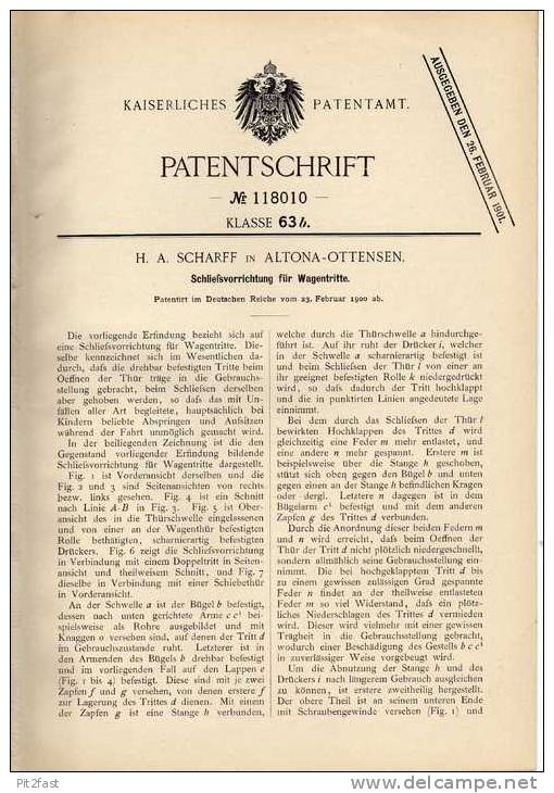 Original Patentschrift - H. Scharff In Altona - Ottensen , 1900 , Wagentritt - Schließvorrichtung  !!! - Cars