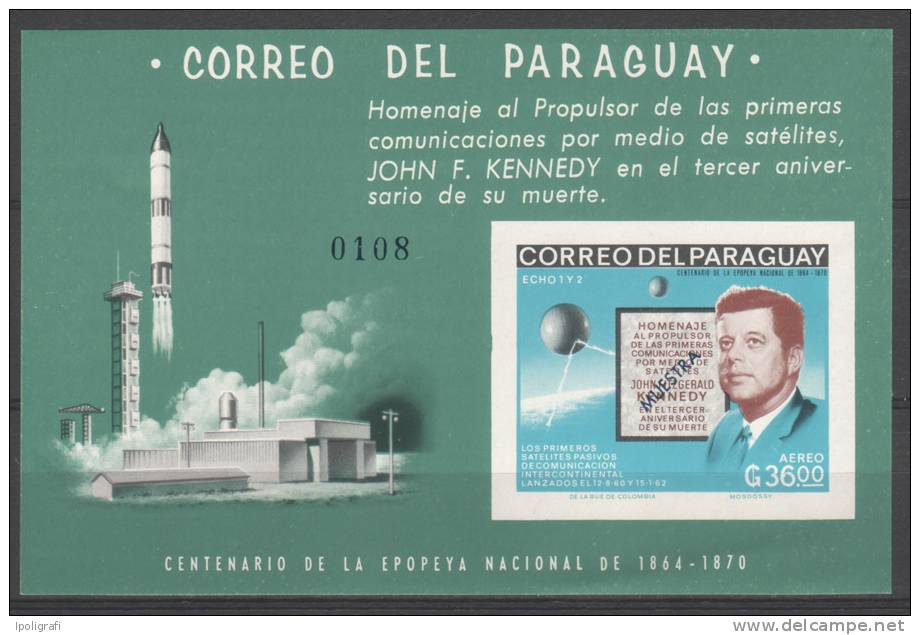 Paraguay - 1966 - Pres. Kennedy And The Race To The Space, Souvenir Sheet Imperforated, Specimen - Amérique Du Sud