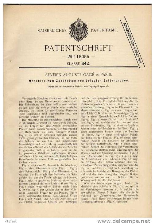 Original Patentschrift -  Maschine Für Belegte Butterbrote , 1900 , S. Gagé In Paris !!! - Machines