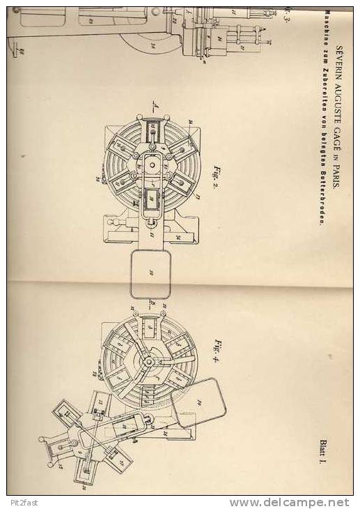 Original Patentschrift -  Maschine Für Belegte Butterbrote , 1900 , S. Gagé In Paris !!! - Tools