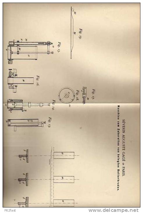 Original Patentschrift -  Maschine Für Belegte Butterbrote , 1900 , S. Gagé In Paris !!! - Machines