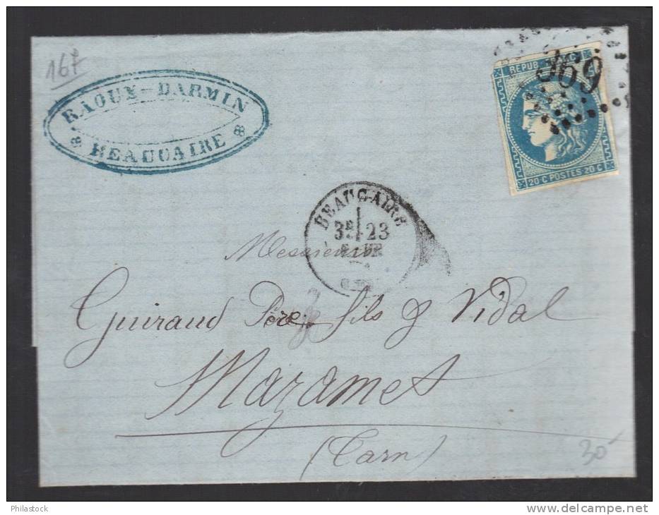 FRANCE 1871 N° 46 (défaut) Obl. S/Lettre Entiére GC 369 & Petit C à D Beaucaire - 1870 Bordeaux Printing