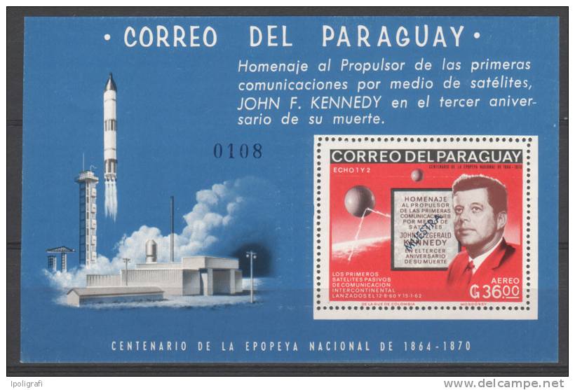 Paraguay - 1966 - Pres. Kennedy And The Race To The Space, Souvenir Sheet Perforated, Specimen - Sud America