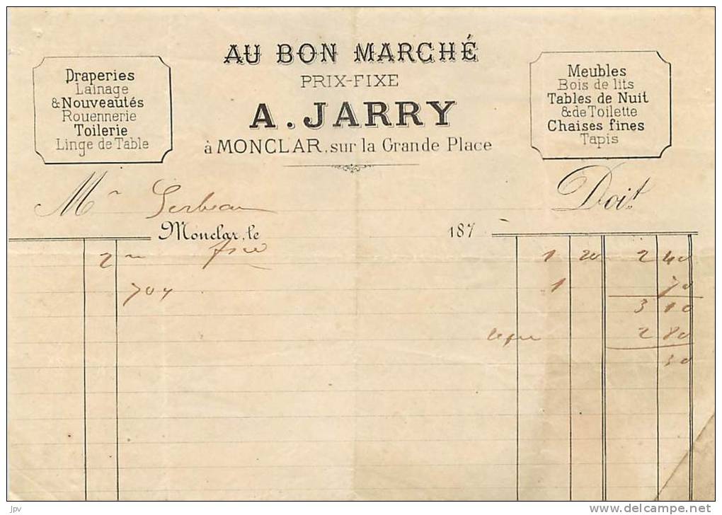 FACTURE LOT ET GARONNE :  MONCLAR . A. JARRY . AU BON MARCHE . 1870 ENVIRON - Autres & Non Classés