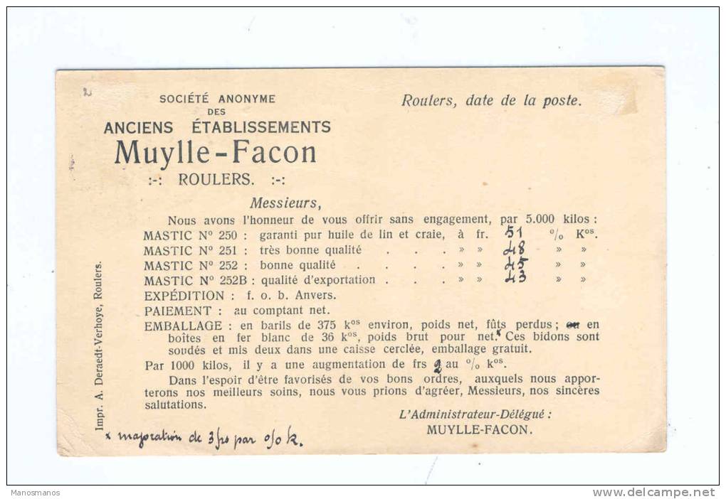 788/18 - Carte Privée TP Albert 15 ROESELARE 1921- Entete Ets Muylle - Facon ( Mastics) - 1915-1920 Albert I