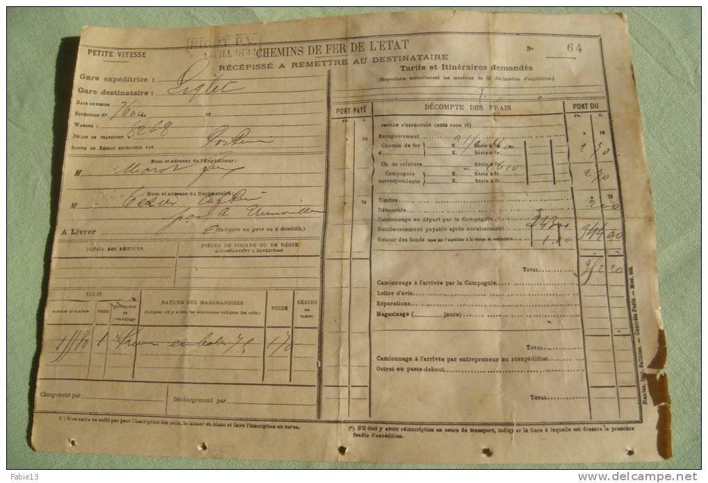 RECEPISSE DES CHEMINS DE FER DE L\\´ETAT   NIORT/LA TRIMOUILLE  1er Juillet 1892 - Transports