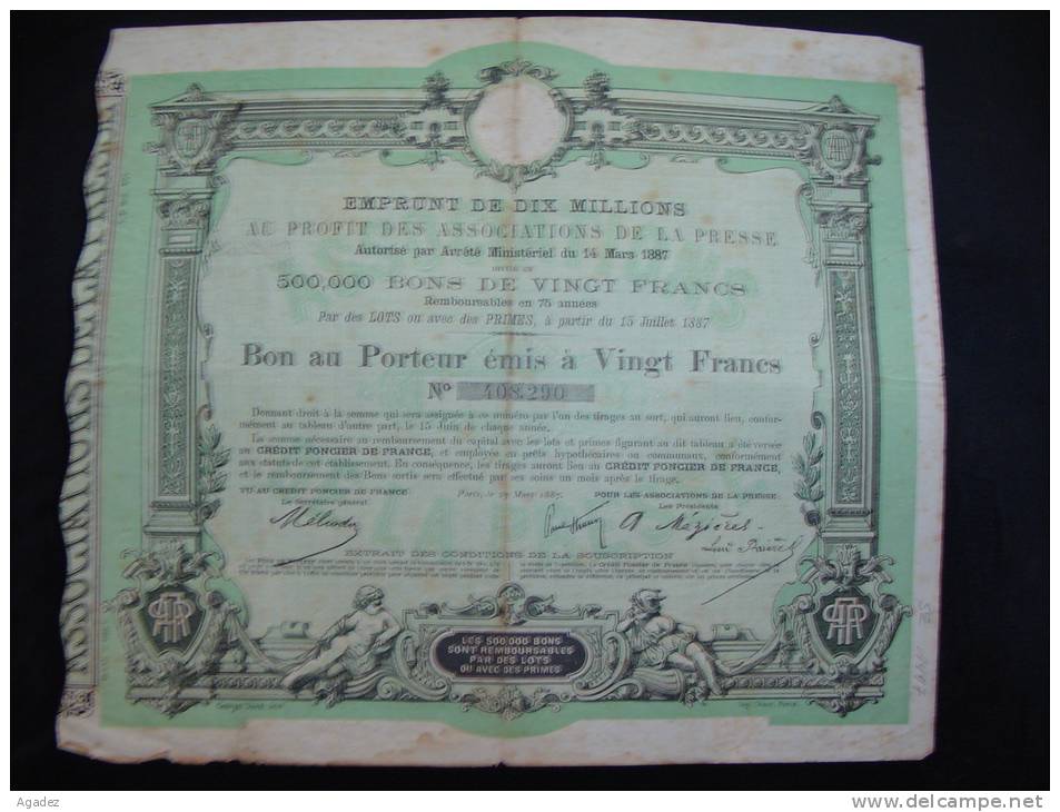 Emprunt De 10  Millions Au Profit Des Associations De La Presse Paris 1887 - Banque & Assurance