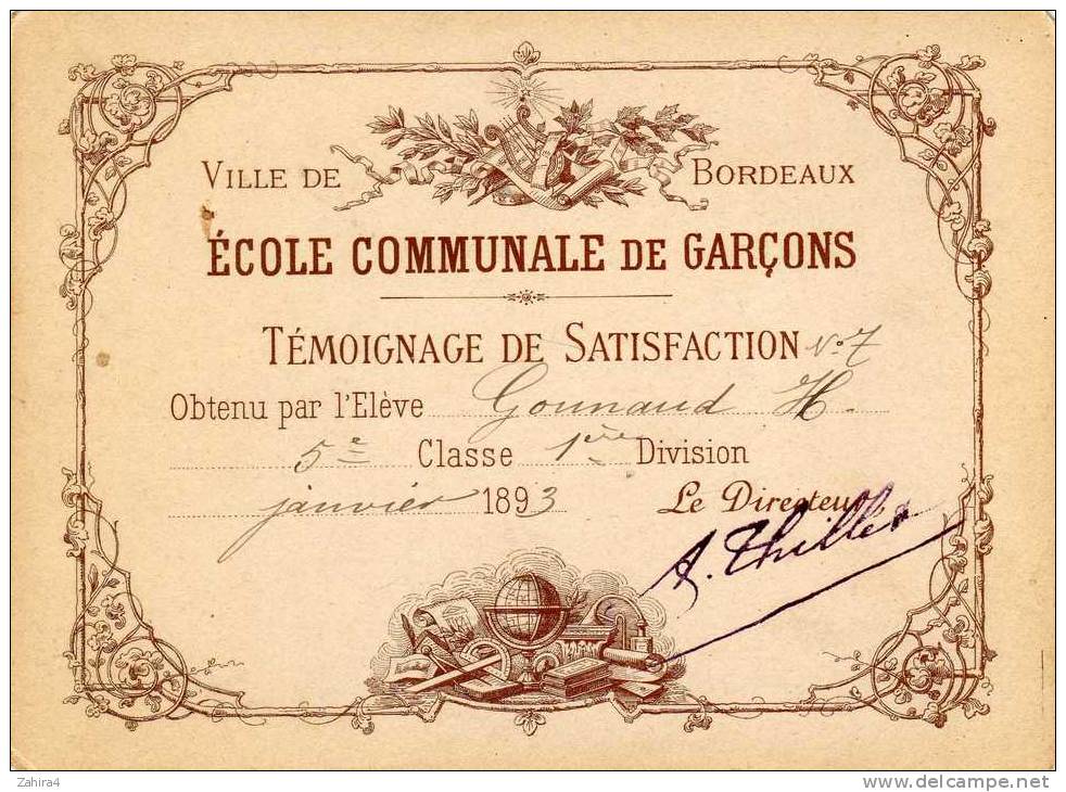 Prix - Témoignage De Satisfaction - Ville De Bordeaux - Ecole Communale De Garçons - Diplome Und Schulzeugnisse