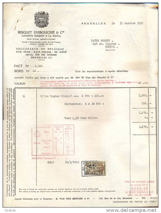 Factuur Facture Vins Et Spiritueux - Bisquit Dubouché & Cie - Bruxelles - 1955 - Autres & Non Classés