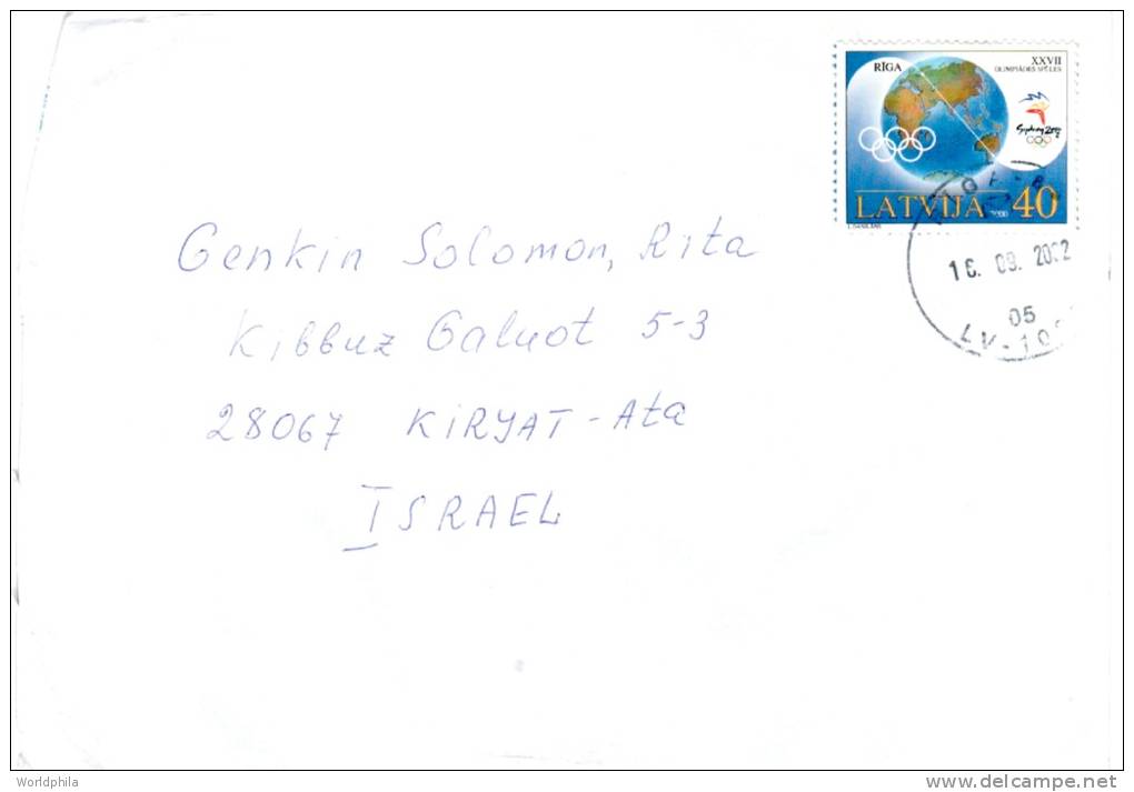 Latvia Lettland Latvija Mailed To Israel 2002 "Sydney 2000 Olympic Games, Globe"  Single Stamp On Cover - Verano 2000: Sydney