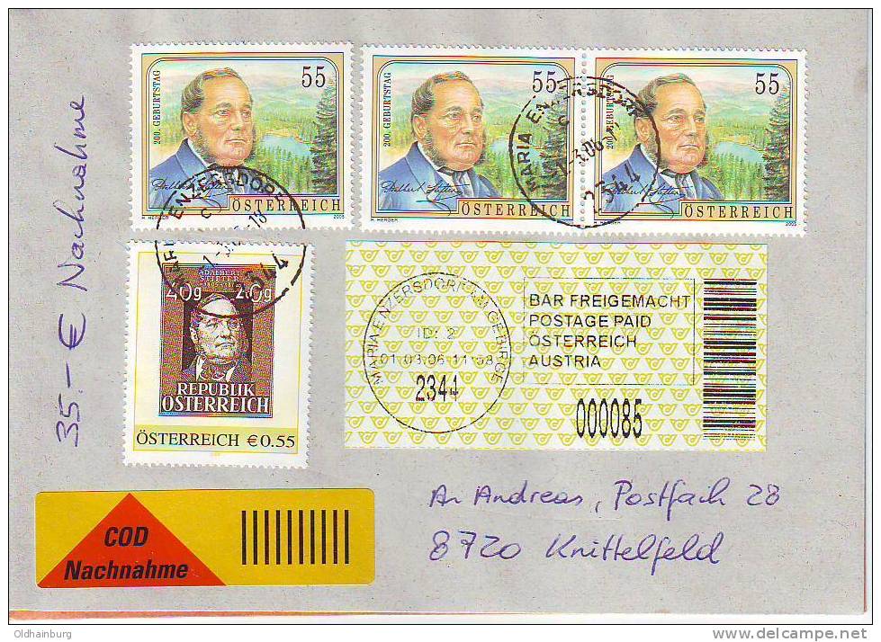 366j: Adalbert Stifter, Kombi Mit Personalisierter Marke, Nachnahmebrief 2006 - Covers & Documents