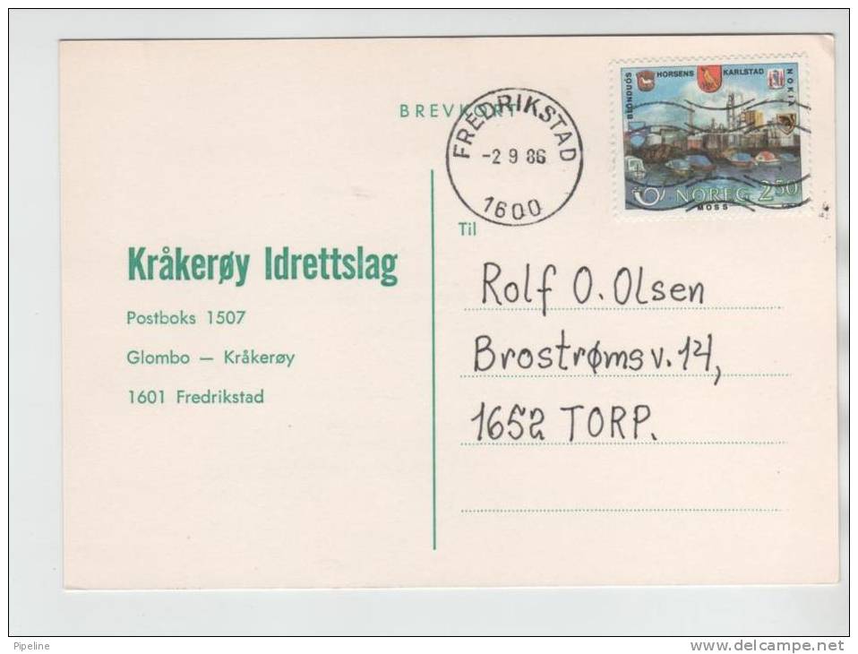 Norway Card Sent To Torp Fredrikstad 2-9-1986 - Cartas & Documentos