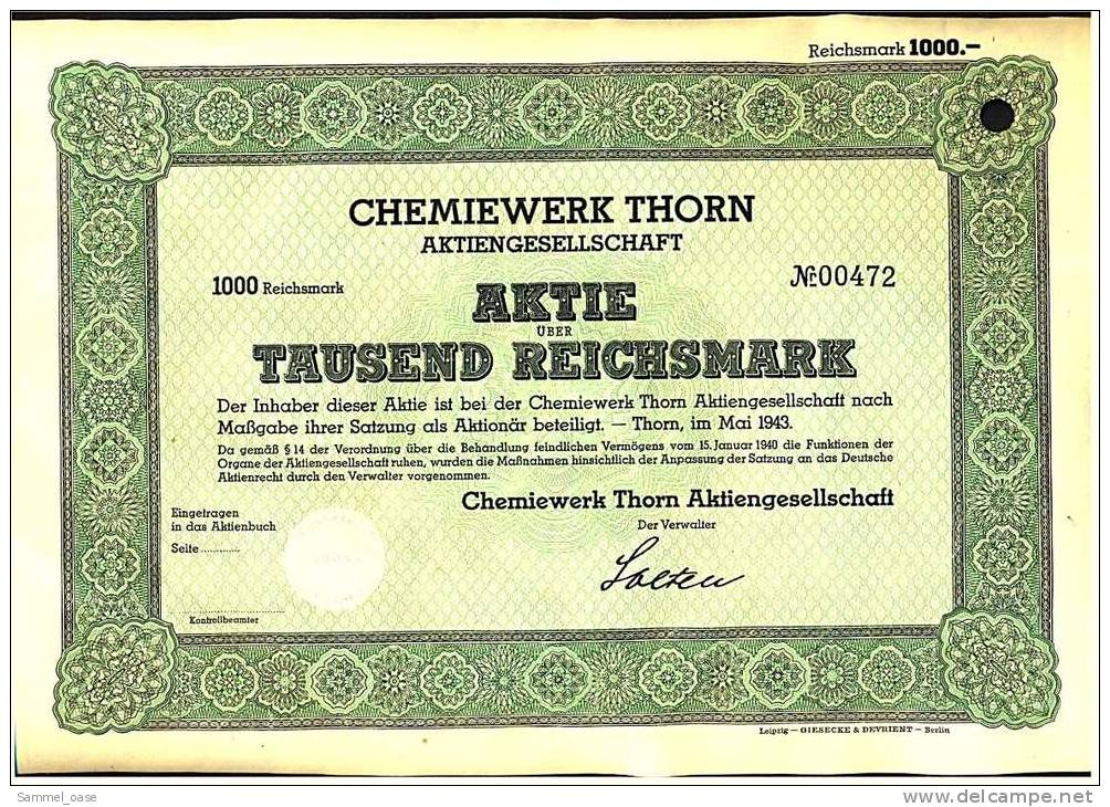 1943 Aktie Hist. Wertpapier , Chemiewerk Thorn AG  - 1000 Eintausend Reichsmark - Industrie